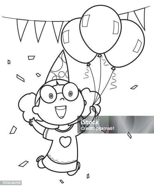 Coloring Book Girl Holding Balloons Stock Illustration - Download Image Now - Coloring, Balloon, Coloring Book Page - Illlustration Technique