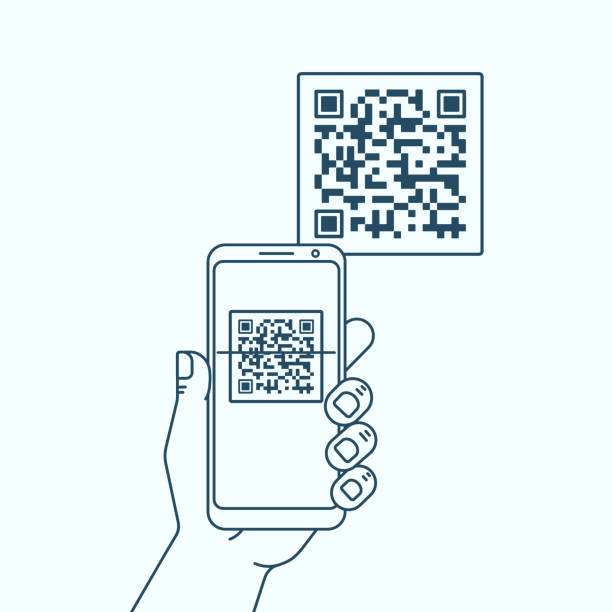 Hand with phone scanning qr code Hand with phone scanning qr code. Flat style icon. Vector illustration. bar code reader stock illustrations