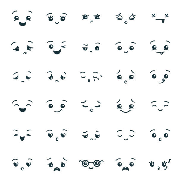 ilustraciones, imágenes clip art, dibujos animados e iconos de stock de conjunto de lindos emoticonos kawaii emoji - emoticono ilustraciones