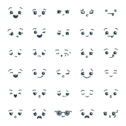 Set of cute kawaii emoticons emoji. Expression faces in the style of Japanese anime, manga. Vector illustration.