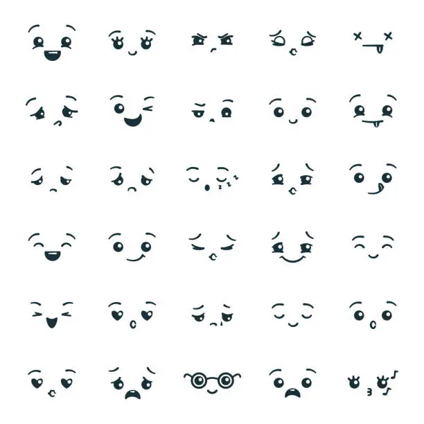Vector illustration of Set of cute kawaii emoticons emoji