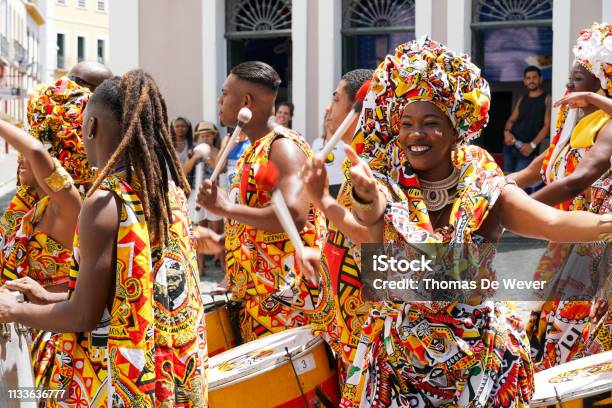 Dancers Small Parade With Traditional Costumes Celebrating With Revelers The Carniva Stock Photo - Download Image Now