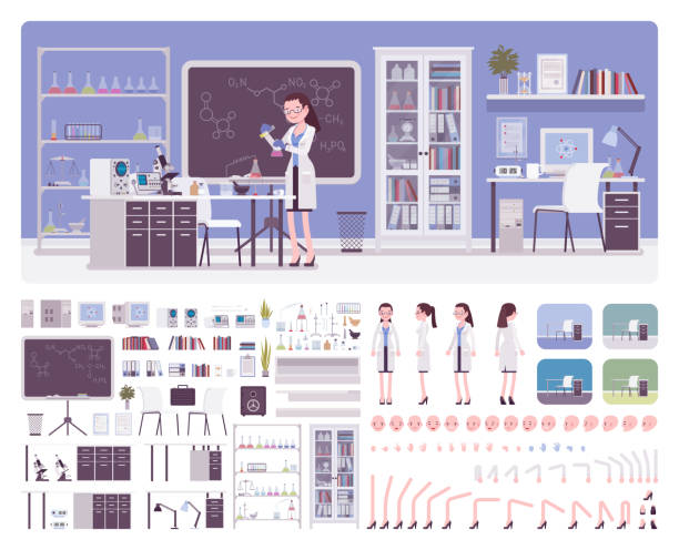 Female young scientist working in laboratory Female young scientist working in laboratory, office interior creation kit, workspace set to build your own design, wall, floor color constructor elements. Cartoon flat style infographic illustration laboratory clipart stock illustrations