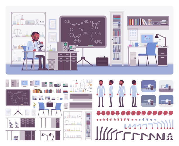 Male black scientist working in laboratory Male black scientist working in laboratory, office interior creation kit, workspace set to build your own design, wall and floor color constructor elements. Cartoon flat style infographic illustration laboratory clipart stock illustrations