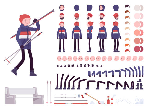 Young man in a striped down jacket character creation set Young man in a striped down jacket character creation set. Full length, different views, emotions, gestures. Men snow winter outfit. Build your own design. Cartoon flat style infographic illustration kids snow suits stock illustrations