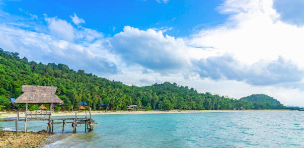 istock Rustic pavilion on island with sea and sky 1133641180