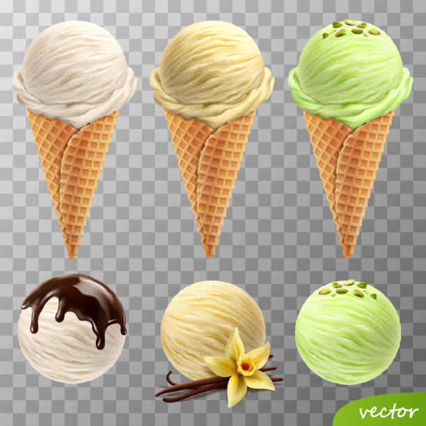 3d realistyczne wektorowe miarki do lodów w gofrowniczkach (roztopiona czekolada, kwiat wanilii i kije, pistacje) - ice cream cone ice cream vanilla ice cream isolated stock illustrations