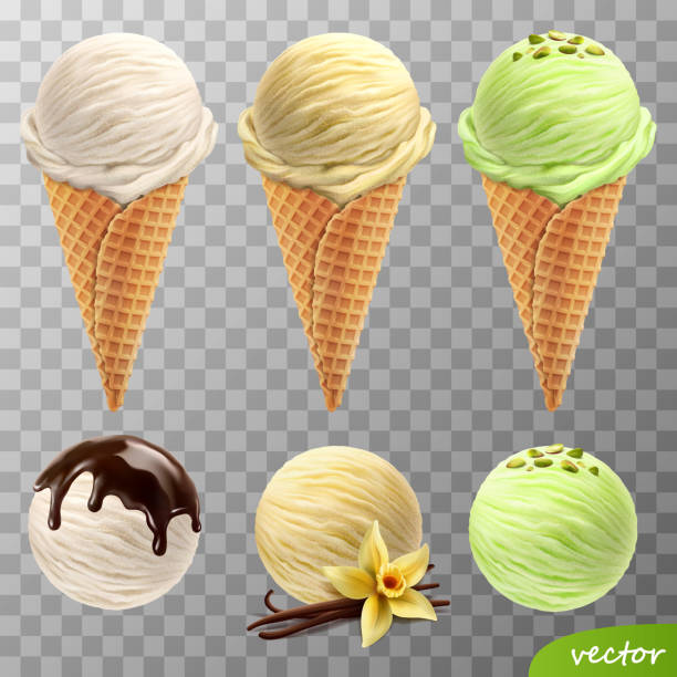 3d realistic vector ice cream scoops in a waffle cones (melted chocolate, vanilla flower and sticks, pistachios) 3d realistic vector ice cream scoops in a waffle cones (melted chocolate, vanilla flower and sticks, pistachios) vanilla ice cream stock illustrations