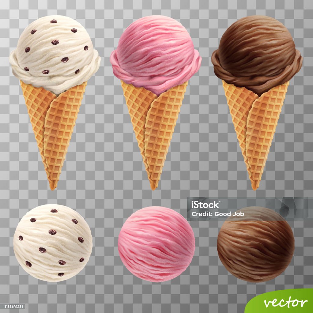 Palette di gelato vettoriali realistiche 3d in un cono di waffle (con uvetta, fragola di frutta, cioccolato) - arte vettoriale royalty-free di Gelato