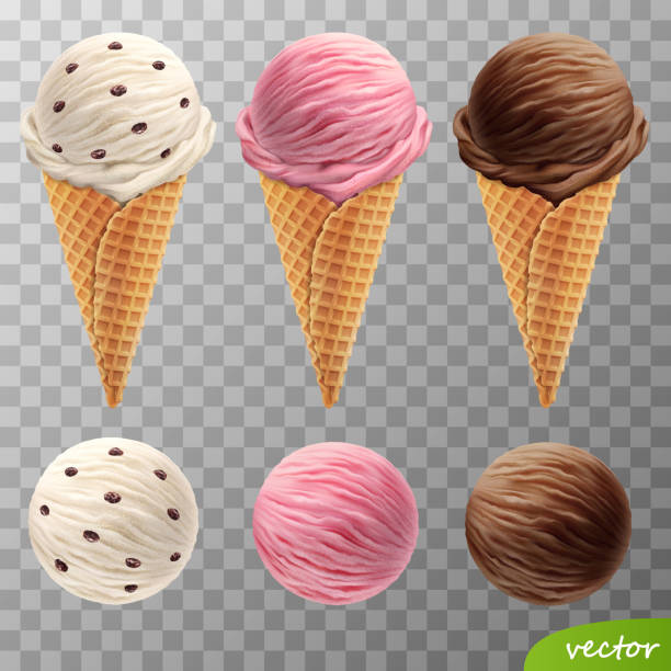 와플 콘에 있는 3d 현실적인 벡터 아이스크림 국자 (건포도, 과일 딸기, 초콜렛) - ice cream cone stock illustrations