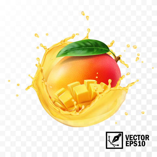 ilustrações de stock, clip art, desenhos animados e ícones de whole and pieces mango fruit with leaf in a splash of juice with drops, 3d realistic isolated vector, editable handmade mesh - peach juice