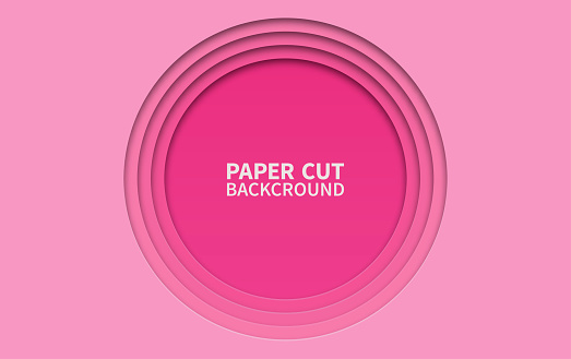 Circle paper cut background. Wavy pink layers. Abstract realistic paper design. Trendy carving art. 3d relief