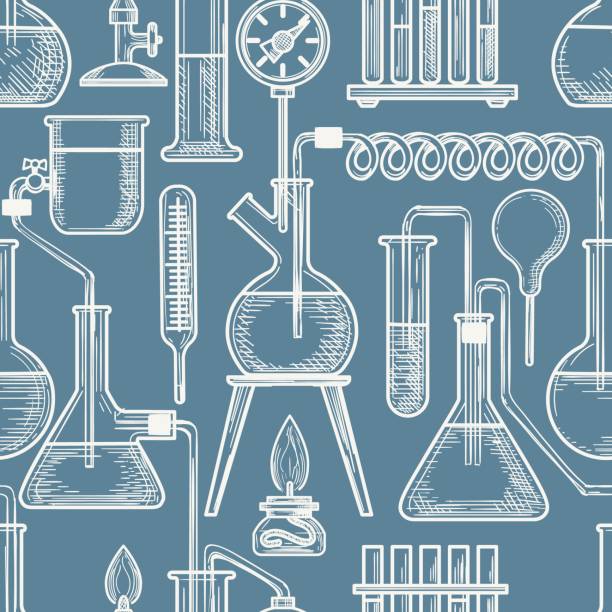 Chemical sketch pattern Chemical sketch vector pattern. Beaker and burner, coil and flask laboratory equipment hand drawn blue seamless pattern coil tubing stock illustrations