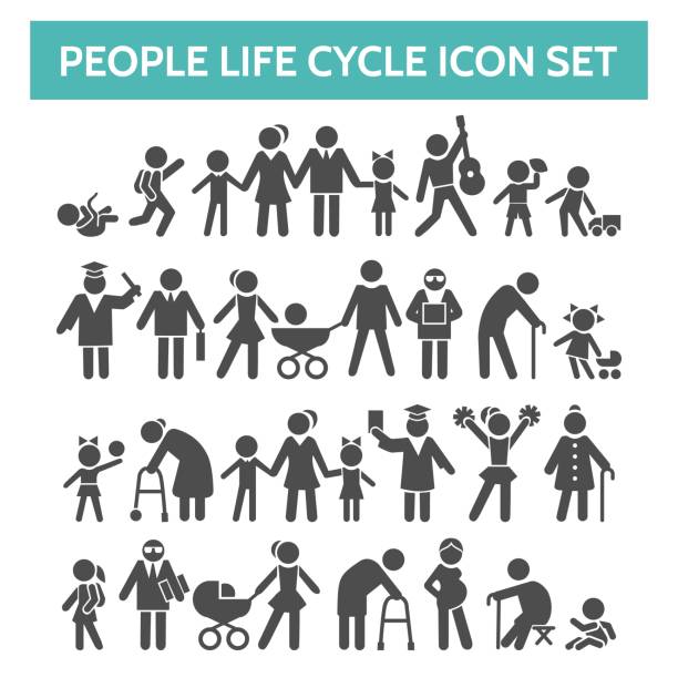 иконки жизненного цикла людей - multi generation family isolated people silhouette stock illustrations