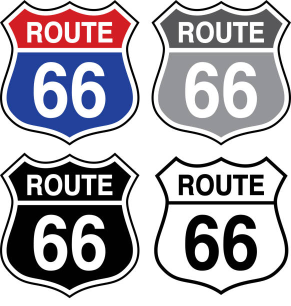 illustrations, cliparts, dessins animés et icônes de quatre routes 66 signes - route 66 retro revival american culture sign