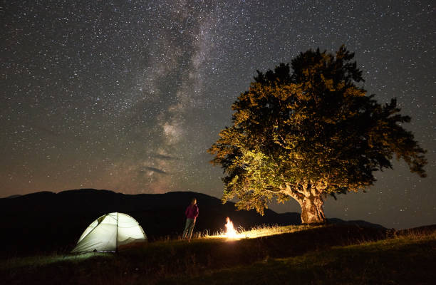 istock Woman resting at night camping in mountains under starry sky 1133645565