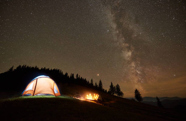 istock Friends resting beside camp, campfire under night starry sky 1133646656