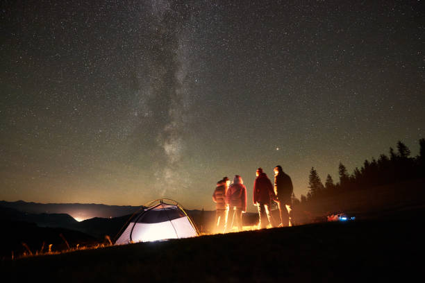 istock Friends resting beside camp, campfire under night starry sky 1133647175