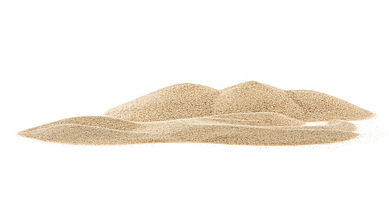 Pile desert sand isolated on white background, sand dunes.