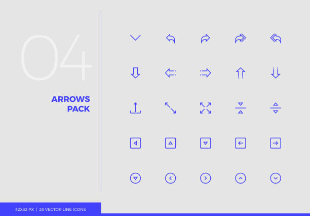 Vector Line Icons Arrows Pack Simple line icons pack of arrows and UI control elements. Vector pictogram set for mobile phone user interface design, UX infographics, web apps, business presentation. Sign and symbol collection. symbol icon set business downloading stock illustrations