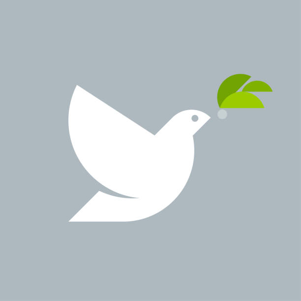 グレーの背景にオリーブの枝と白い鳩の幾何学的なスタイルのロゴマークテンプレート - bird of peace点のイラスト素材／クリップアート素材／マンガ素材／アイコン素材