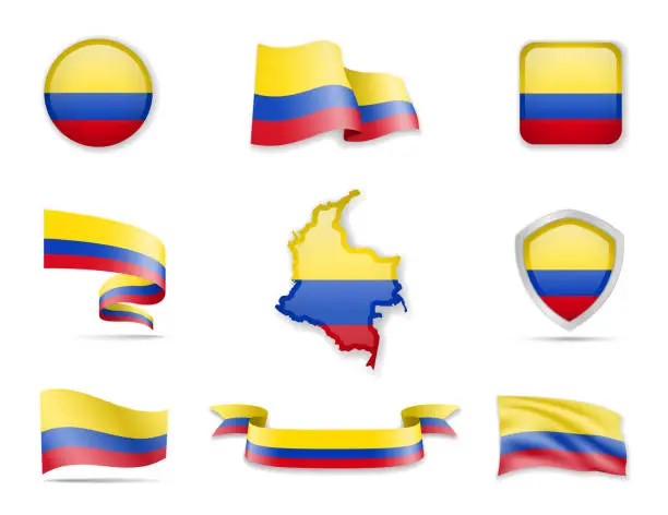 Vector illustration of Colombia flags collection. Vector illustration set flags and outline of the country.