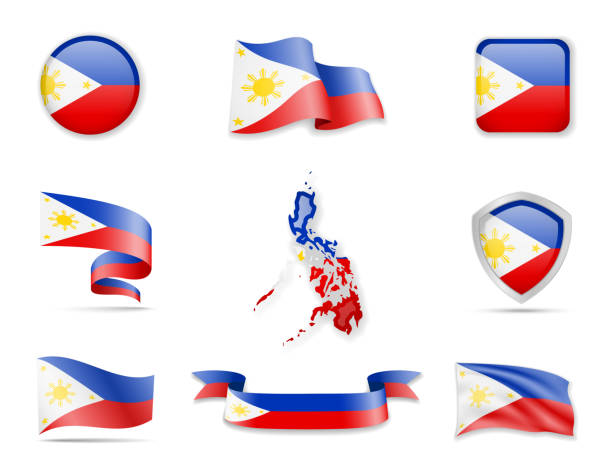 ilustrações, clipart, desenhos animados e ícones de coleção das bandeiras de filipinas. bandeiras ajustadas da ilustração do vetor e esboço do país. - philippines map manila philippines flag