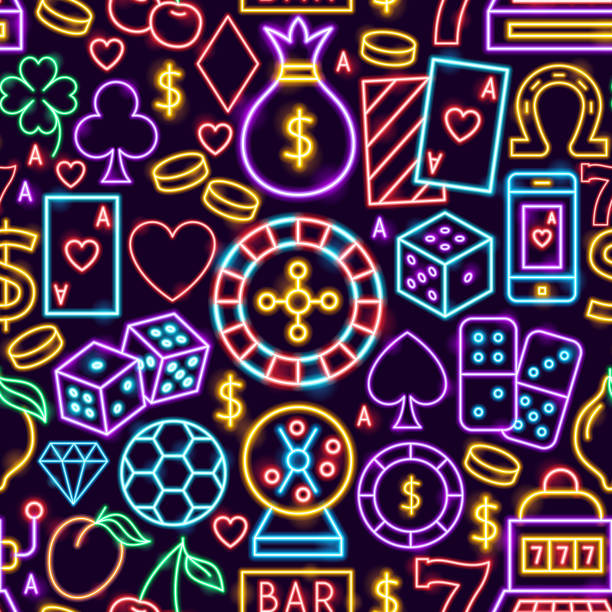 ilustraciones, imágenes clip art, dibujos animados e iconos de stock de patrón de neón del casino sin costura - horseshoe backgrounds seamless vector