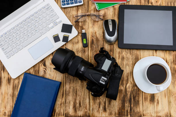 istock Top view on laptop, digital camera and tablet 1133669770