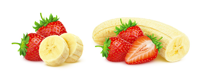 Banana and strawberry isolated on white background with clipping path, heap of strawberries and sliced peeled bananas