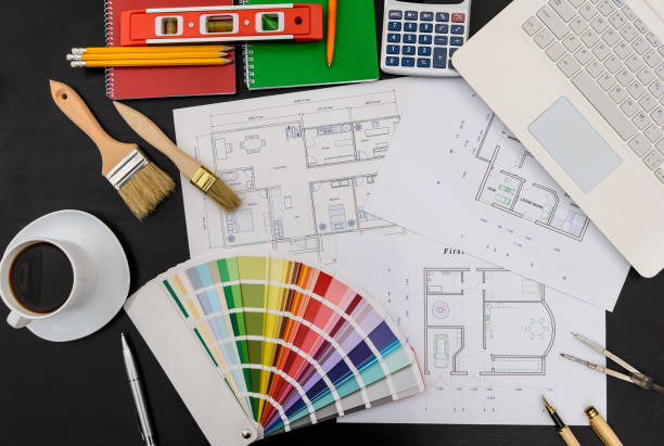 istock House plan, tools, color palette and coffee 1133671170