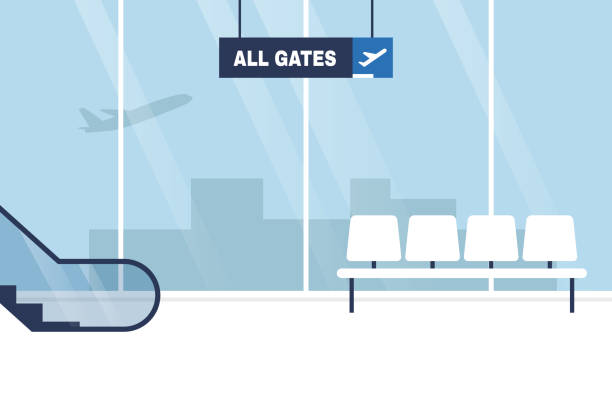 空港ターミナル。インテリア。人はいない待機領域。すべてのゲート。搭乗。フラット編集可能ベクターイラスト、クリップアート - arrival sign entrance hall corridor点のイラスト素材／クリップアート素材／マンガ素材／アイコン素材
