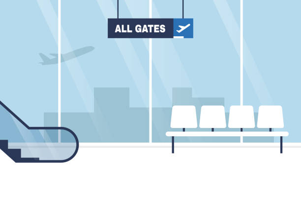 Airport terminal. Interior. No people. Waiting area. All gates. Boarding. Flat editable vector illustration, clip art Airport terminal. Interior. No people. Waiting area. All gates. Boarding. Flat editable vector illustration, clip art airport stock illustrations