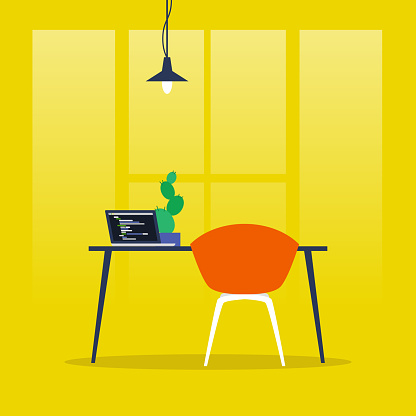Office interior. Desk and chair. Laptop and cactus. No people. Flat editable vector illustration, clip art