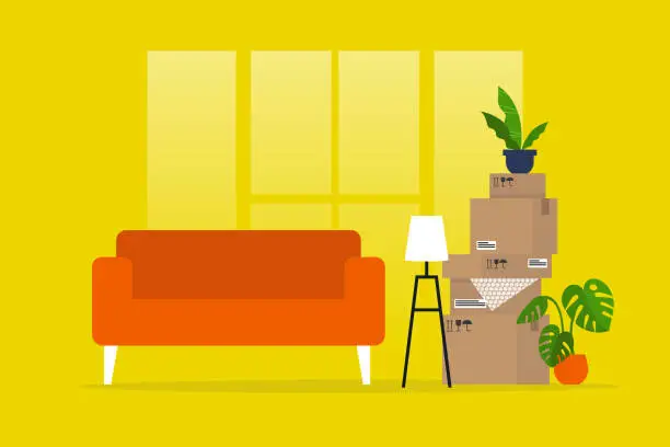 Vector illustration of Moving to a new apartment. Relocation. Mortgage. No people. Flat editable vector illustration, clip art