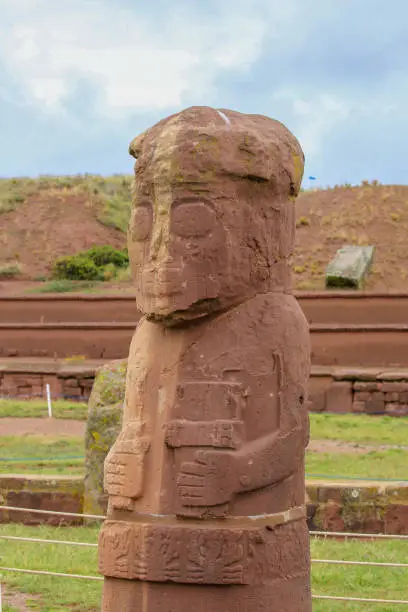 Photo of Anthropomorphic sculpture in the Tiwanaku (Tiahuanaco) archeological site western Bolivia.