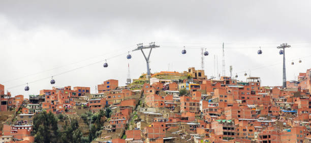 view of la paz hilly neighborhoods and the cable car public transport system from the cementerio general (main cemetery) of la paz during new year's eve, bolivia. - people cemetery church urban scene imagens e fotografias de stock