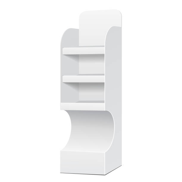 istock White POS POI Cardboard Floor Display Rack For Supermarket Blank Empty Displays With Shelves Products On White Background Isolated. Ready For Your Design. Product Packing. Vector EPS10 1133680079