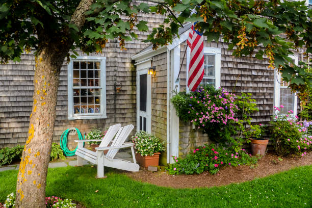A view of a house backyard in Nantucket Island. stock photo
