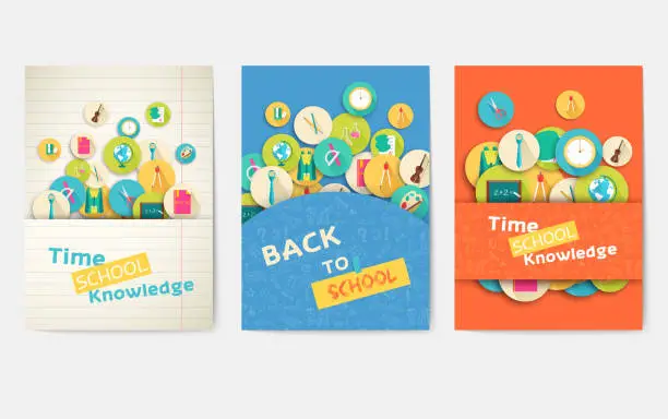 Vector illustration of Back to school information pages set. Brochures for education and training in a trendy style. School Invitations for Printing. Exam template with typography text