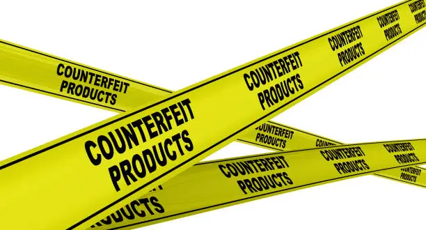 Yellow warning tapes with black text COUNTERFEIT PRODUCTS. Isolated. 3D Illustration