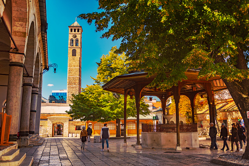 Sarajevo, Bosnia and Hercegovina – September 26, 2018: Gazi Husrev-beg Mosque in Sarajevo, Bosnia and Hercegovina. Built in the 16th century, it is the largest historical mosque in Bosnia and Herzegovina and one of the most representative Ottoman structures in the Balkans.