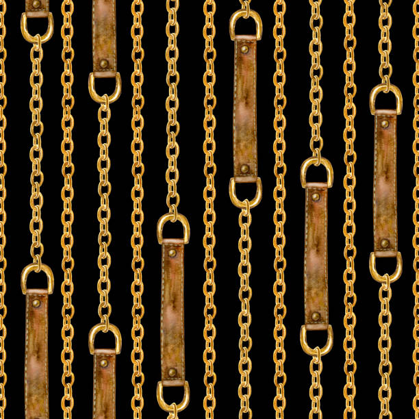 istock Golden chain glamour seamless pattern illustration. Watercolor texture with golden chains and leather belts. 1133689479