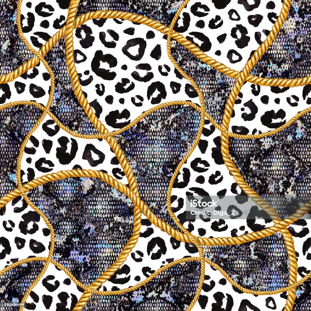 Golden chain glamour snakeskin and leopard fur seamless pattern illustration. Watercolor texture with golden chains. Golden chain glamour, snakeskin and leopard fur seamless pattern illustration. Watercolor hand drawn fashion snake skin texture with golden chains. Watercolour print for textile, fabric. Abstract stock illustration