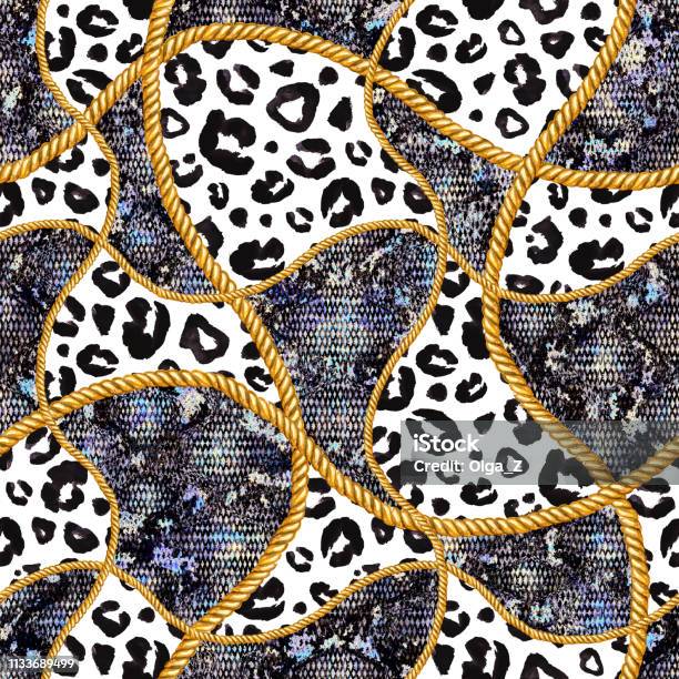 Golden Chain Glamour Snakeskin And Leopard Fur Seamless Pattern Illustration Watercolor Texture With Golden Chains Stock Illustration - Download Image Now