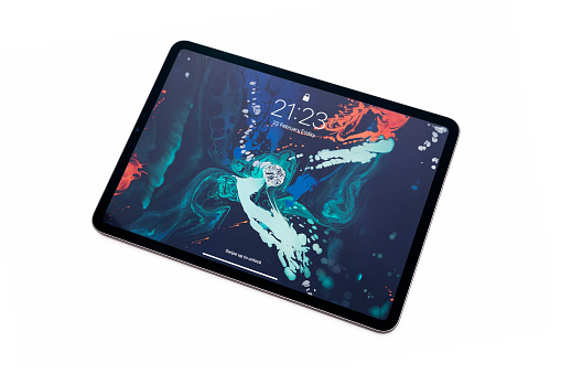 Çanakkale Turkey- February 22, 2019: Hero object of the new Apple iPad Pro with Face ID, A12X Bionic with Neural Engine and thin completely redesigned body all home screen applications