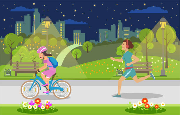 ilustrações de stock, clip art, desenhos animados e ícones de evening leisure for parents and children big city. - night running