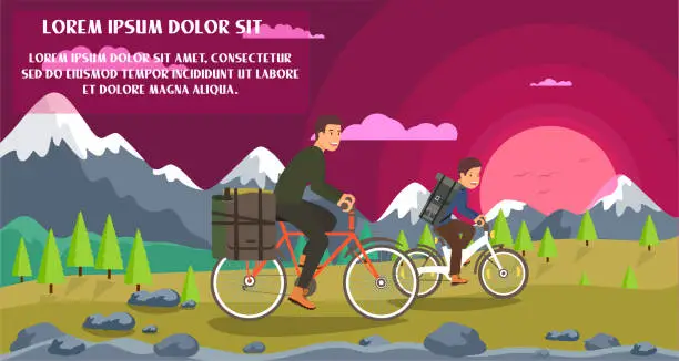 Vector illustration of Interesting Tourist Cycling Trip with Children.