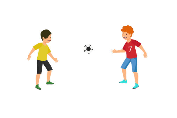 vector flat kid in yellow tshirt runs hit ball. - soccer soccer player people ecstatic stock-grafiken, -clipart, -cartoons und -symbole