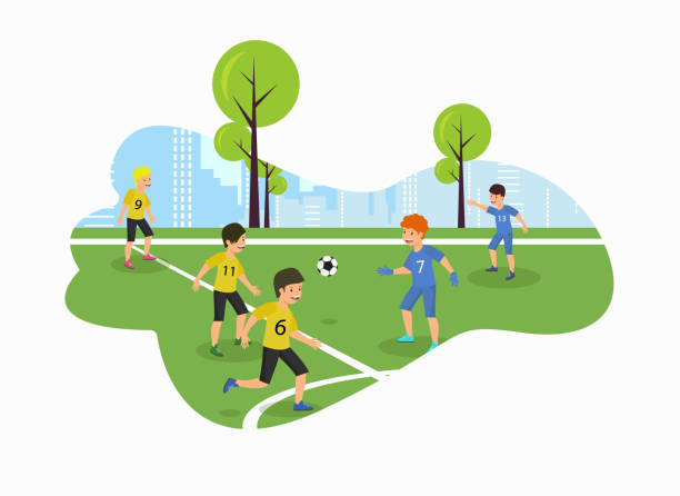 Vector Flat Children Championship Football Field. Vector Flat Children Championship in Park on Football Field. Soccer Game Yellow Against Blue 13 Number Shouts Give Pass Background City Parents Day See How Children Play in Different Sports. boy yelling stock illustrations